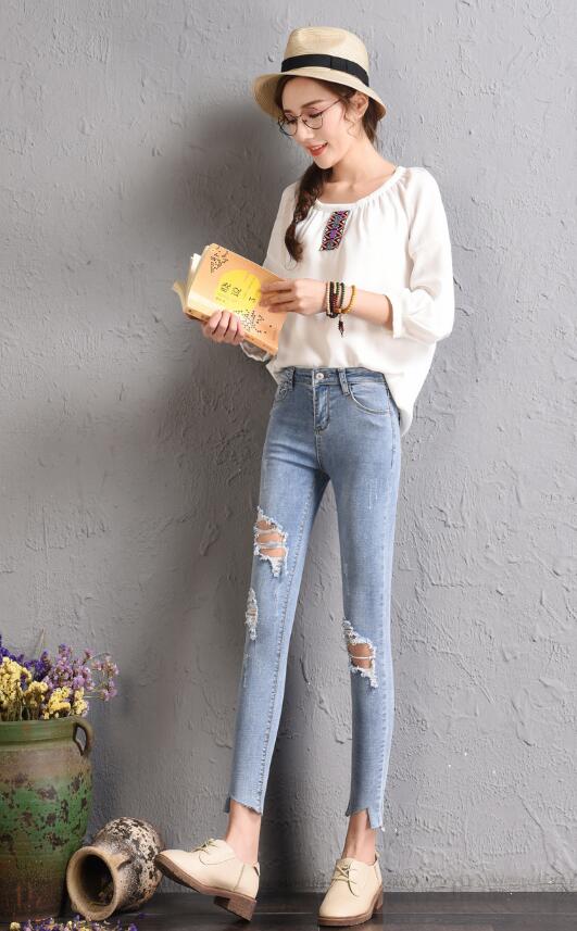 SZ60161 Women Ripped Jeans Bodycon Denim Destroyed Frayed Hole Casual Pants